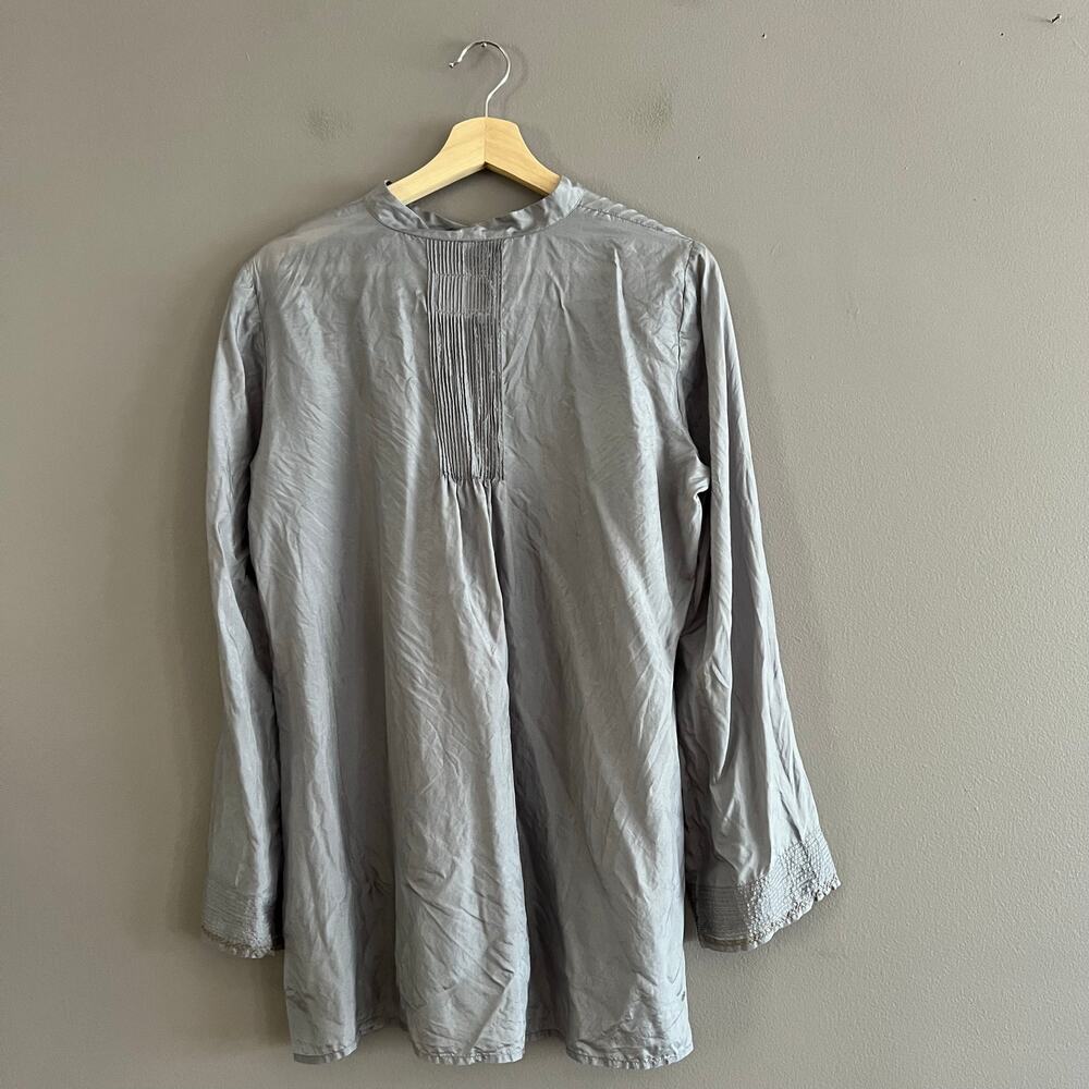 Pete & Greta Silk Sheer Pleated Tunic Top Gray Long Sleeve Women’s Medium Boho
